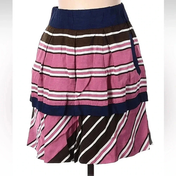 Anthropologie Maeve Ellery Striped Tiered Mini Skirt Pleated Pink Navy Size 6 - Picture 2 of 7